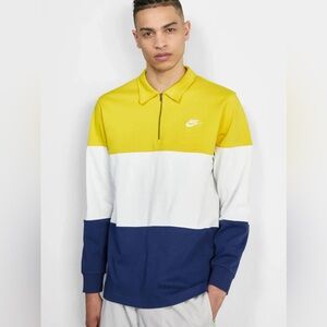 Nike Sportswear Club Men Long Sleeve Polo Rugby Shirt Yellow White Blue M